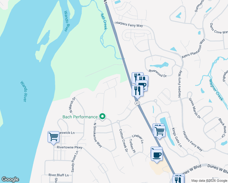 map of restaurants, bars, coffee shops, grocery stores, and more near 1920 Bristle Pine Court in Mount Pleasant