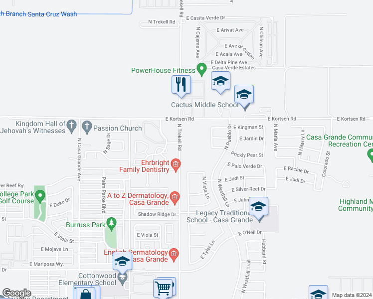 map of restaurants, bars, coffee shops, grocery stores, and more near 1923 North Trekell Road in Casa Grande
