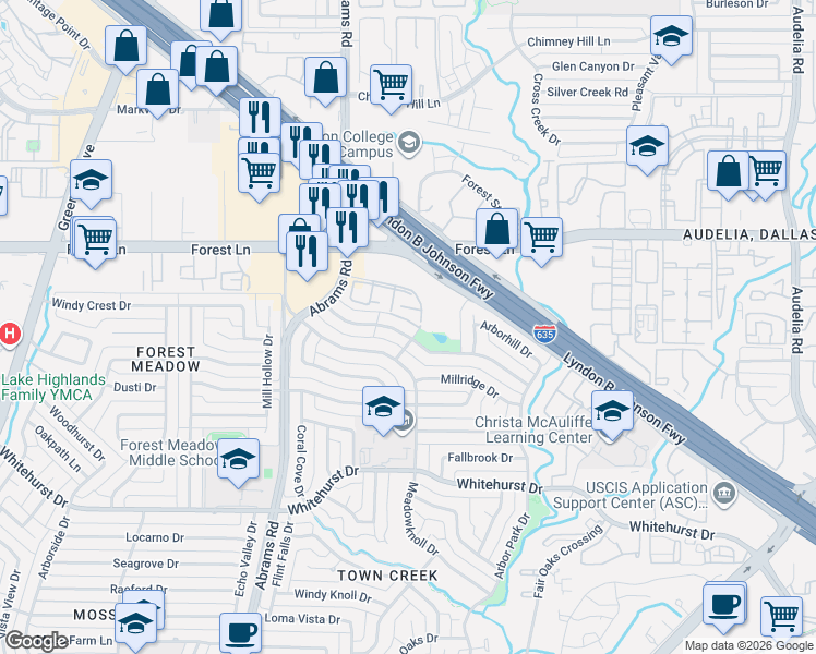 map of restaurants, bars, coffee shops, grocery stores, and more near 28 Forest Springs Drive in Dallas