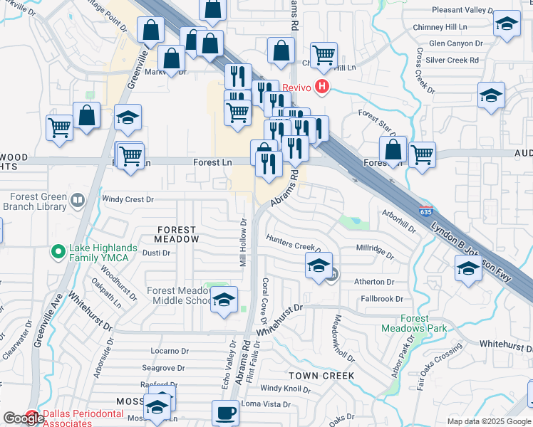 map of restaurants, bars, coffee shops, grocery stores, and more near 9404 Timberleaf Drive in Dallas