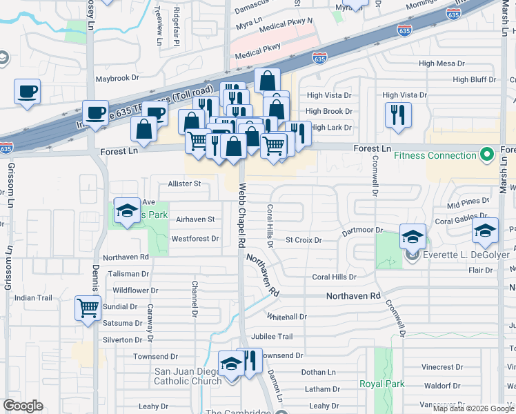 map of restaurants, bars, coffee shops, grocery stores, and more near 3157 Modella Avenue in Dallas