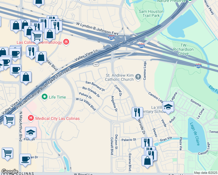 map of restaurants, bars, coffee shops, grocery stores, and more near 3 Comal Drive in Irving