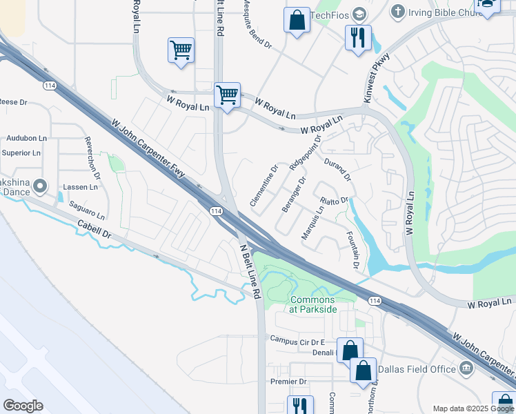 map of restaurants, bars, coffee shops, grocery stores, and more near 7255 Clementine Drive in Irving