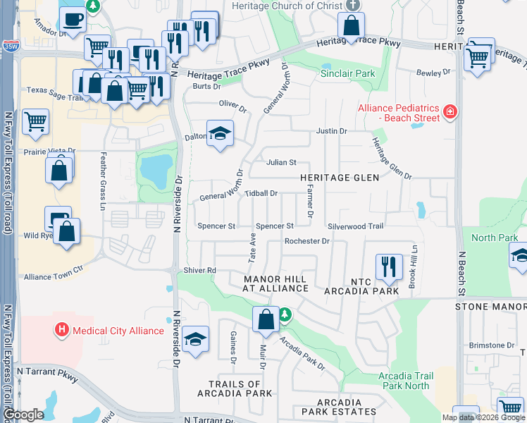 map of restaurants, bars, coffee shops, grocery stores, and more near 9132 Tate Avenue in Fort Worth