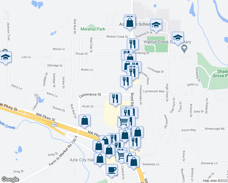 map of restaurants, bars, coffee shops, grocery stores, and more near 525 Commerce Street in Azle