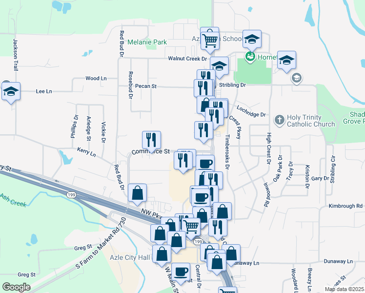 map of restaurants, bars, coffee shops, grocery stores, and more near 525 Commerce Street in Azle