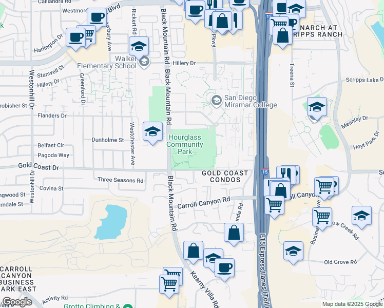 map of restaurants, bars, coffee shops, grocery stores, and more near 10440 Black Mountain Road in San Diego