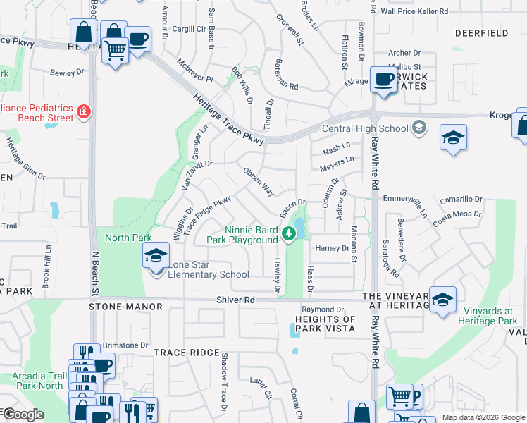 map of restaurants, bars, coffee shops, grocery stores, and more near 4925 Giordano Way in Fort Worth
