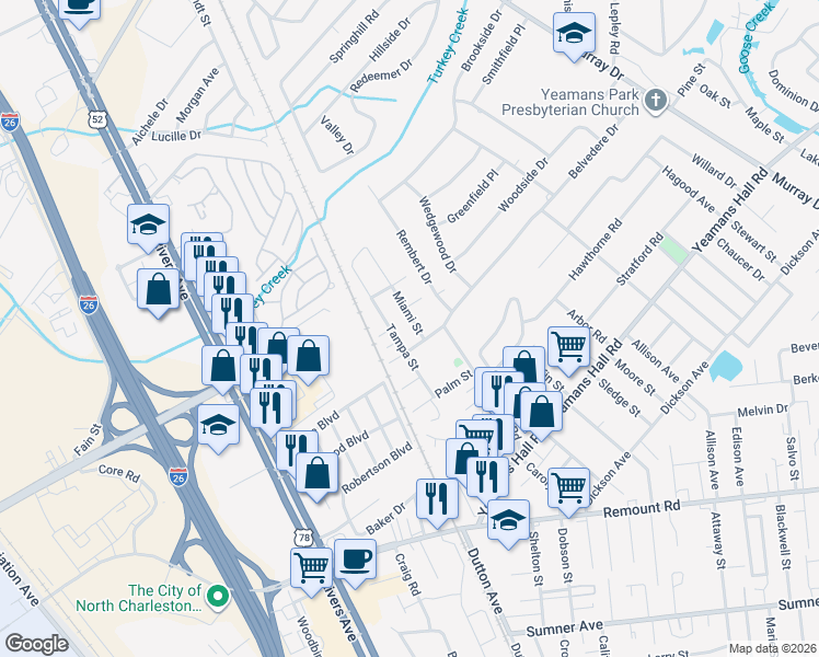map of restaurants, bars, coffee shops, grocery stores, and more near 6018 Miami Street in Hanahan