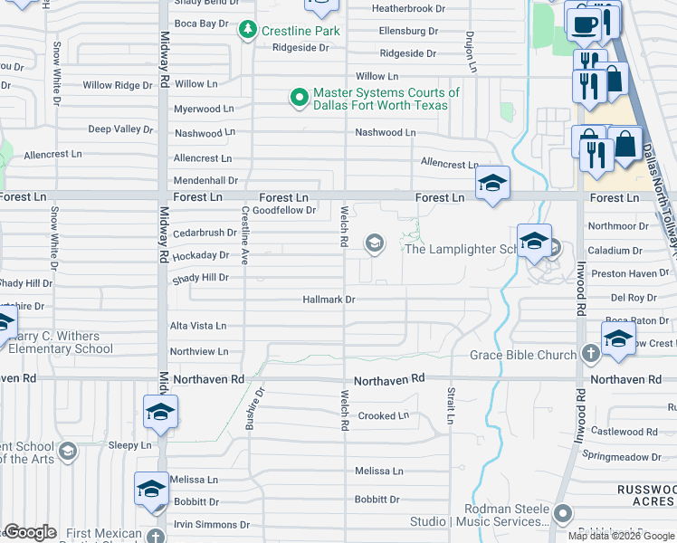 map of restaurants, bars, coffee shops, grocery stores, and more near 4558 Hockaday Drive in Dallas
