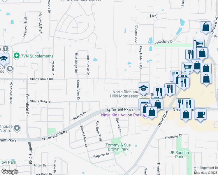 map of restaurants, bars, coffee shops, grocery stores, and more near 8340 Shady Grove Road in North Richland Hills