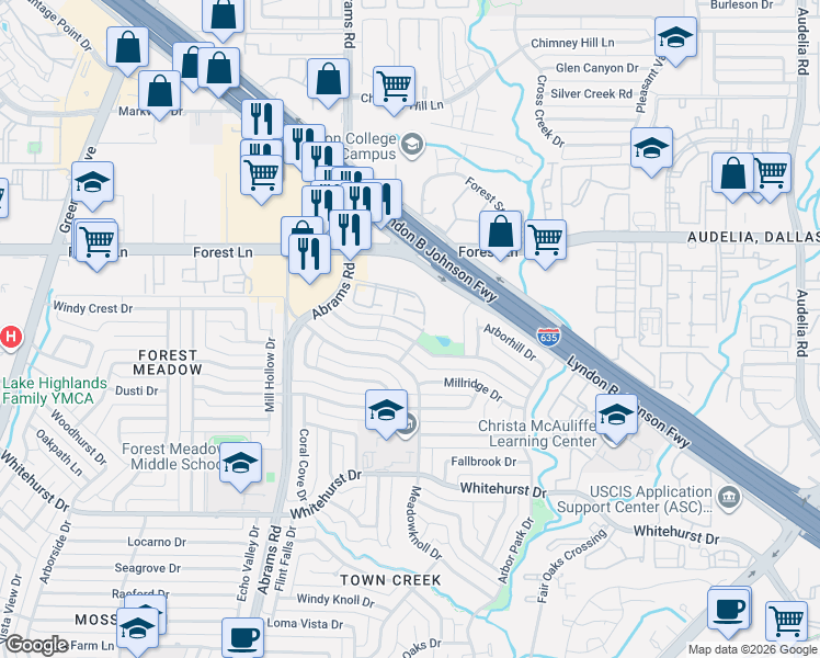 map of restaurants, bars, coffee shops, grocery stores, and more near 28 Forest Springs Drive in Dallas