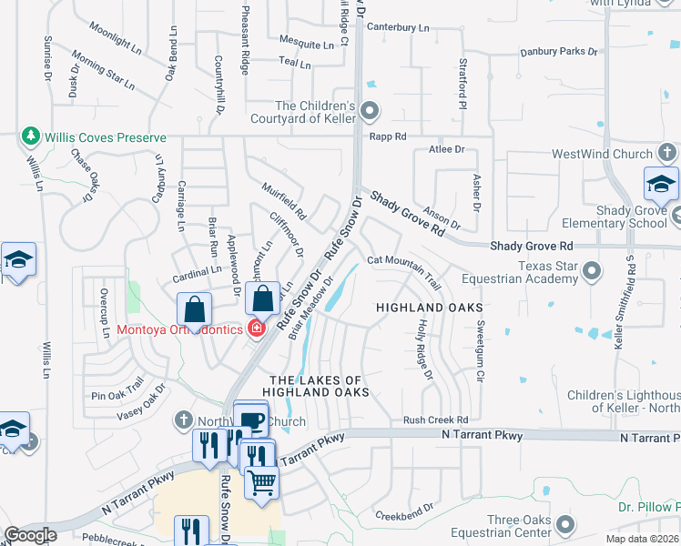 map of restaurants, bars, coffee shops, grocery stores, and more near 1411 Briar Meadow Drive in Keller