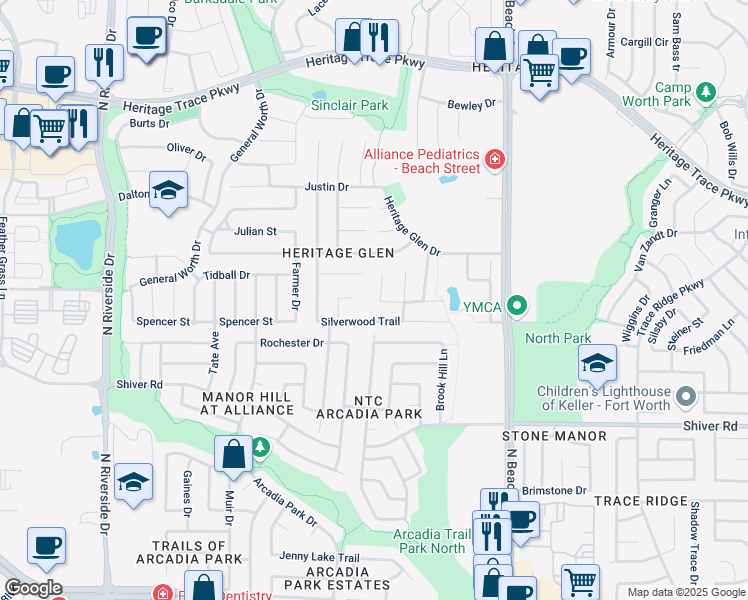 map of restaurants, bars, coffee shops, grocery stores, and more near 9205 Monument Court in Fort Worth