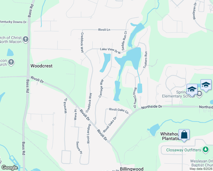 map of restaurants, bars, coffee shops, grocery stores, and more near 404 Old Mill Court in Macon