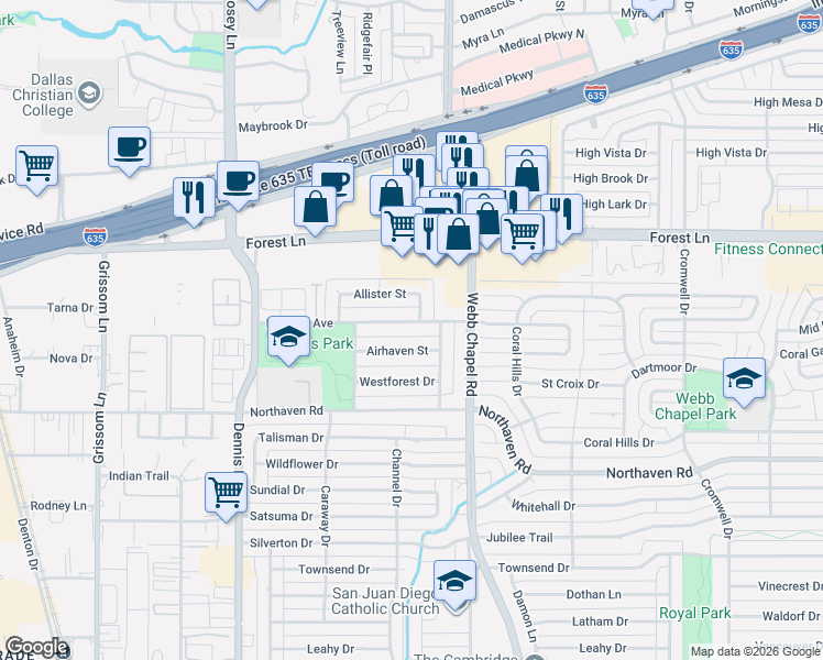 map of restaurants, bars, coffee shops, grocery stores, and more near 3055 Modella Avenue in Dallas