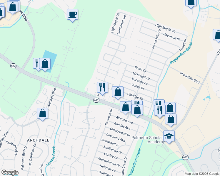 map of restaurants, bars, coffee shops, grocery stores, and more near 7871 Nummie Court in North Charleston