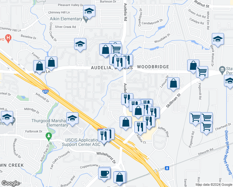 map of restaurants, bars, coffee shops, grocery stores, and more near 11601 Audelia Road in Dallas