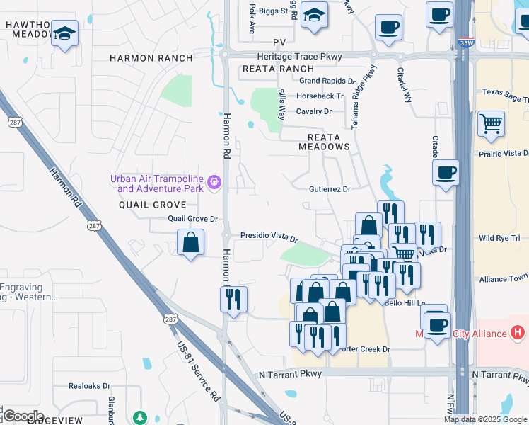 map of restaurants, bars, coffee shops, grocery stores, and more near 9045 Camber Lane in Fort Worth