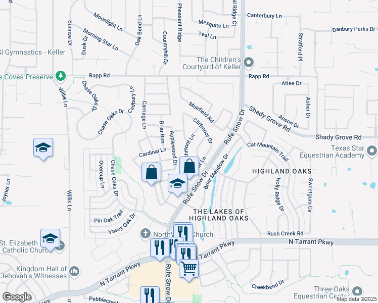 map of restaurants, bars, coffee shops, grocery stores, and more near 1604 Birchmont Lane in Keller