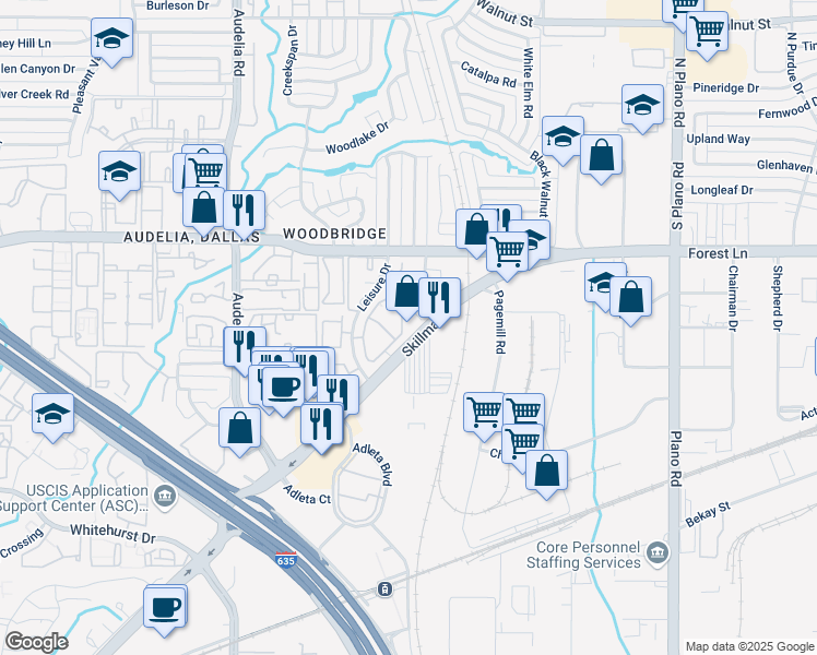 map of restaurants, bars, coffee shops, grocery stores, and more near 9515 Skillman Street in Dallas