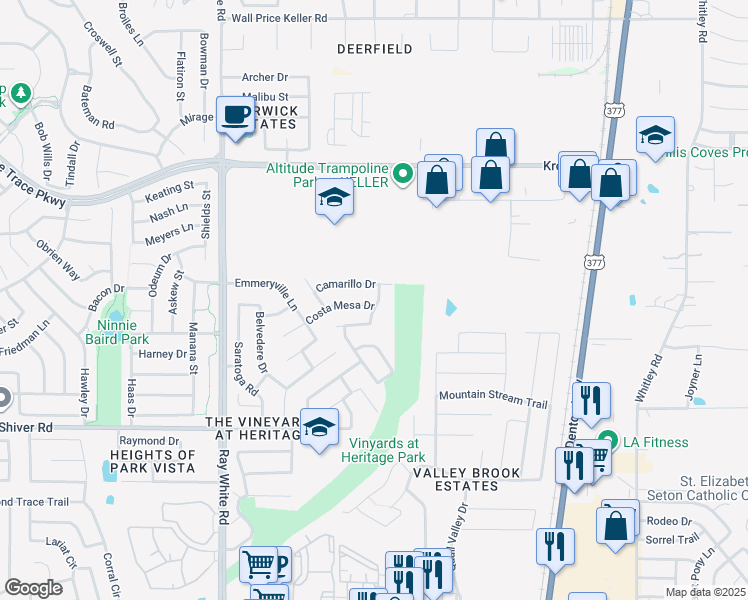 map of restaurants, bars, coffee shops, grocery stores, and more near 5541 Costa Mesa Drive in Fort Worth