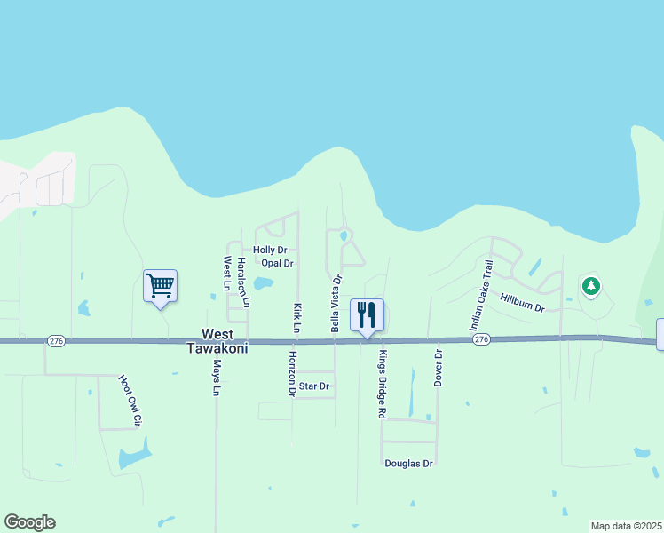map of restaurants, bars, coffee shops, grocery stores, and more near 313 Vista Verde in West Tawakoni