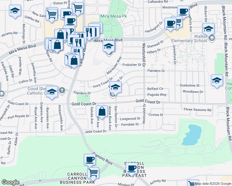 map of restaurants, bars, coffee shops, grocery stores, and more near 8540 Hebrides Drive in San Diego