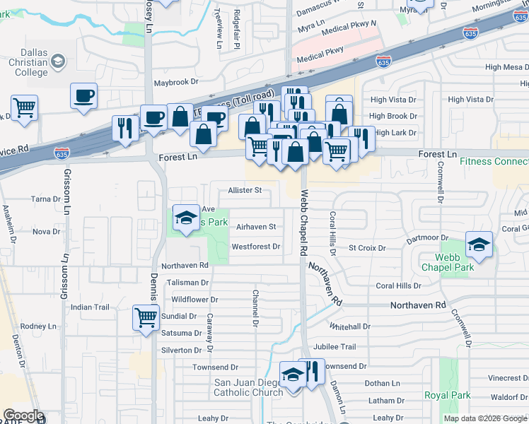 map of restaurants, bars, coffee shops, grocery stores, and more near 3055 Modella Avenue in Dallas