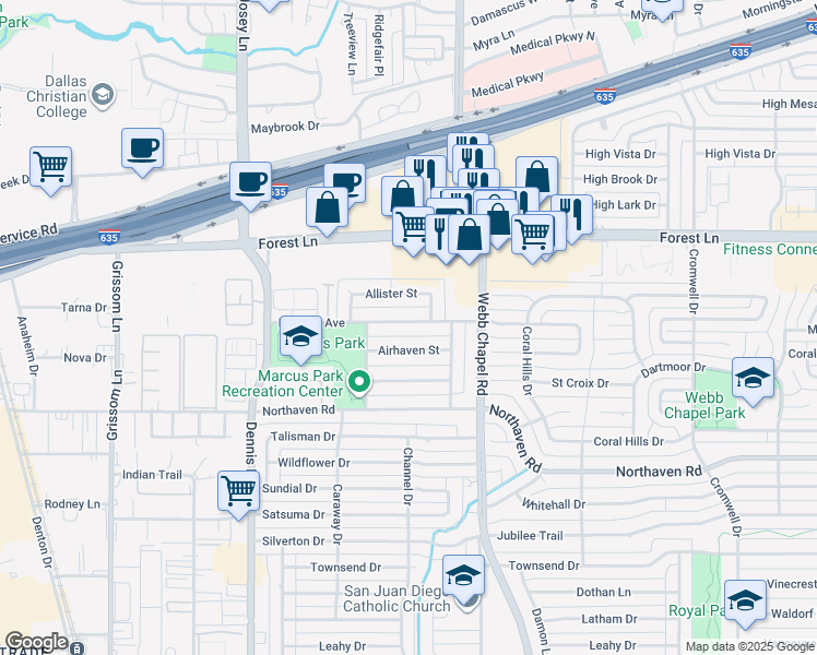 map of restaurants, bars, coffee shops, grocery stores, and more near 3055 Modella Avenue in Dallas