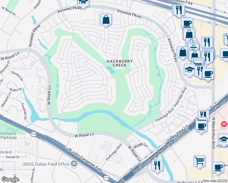 map of restaurants, bars, coffee shops, grocery stores, and more near 2112 Creekside Circle South in Irving