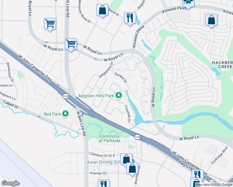 map of restaurants, bars, coffee shops, grocery stores, and more near 3003 Rialto Drive in Irving