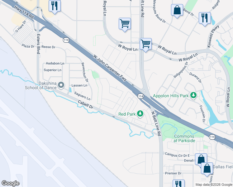 map of restaurants, bars, coffee shops, grocery stores, and more near 3836 Roosevelt Drive in Irving