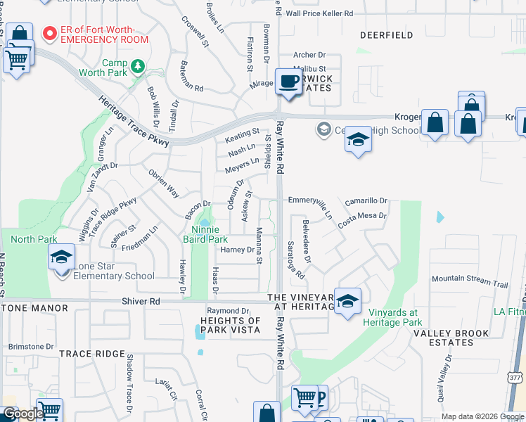map of restaurants, bars, coffee shops, grocery stores, and more near 9132 Manana Street in Fort Worth