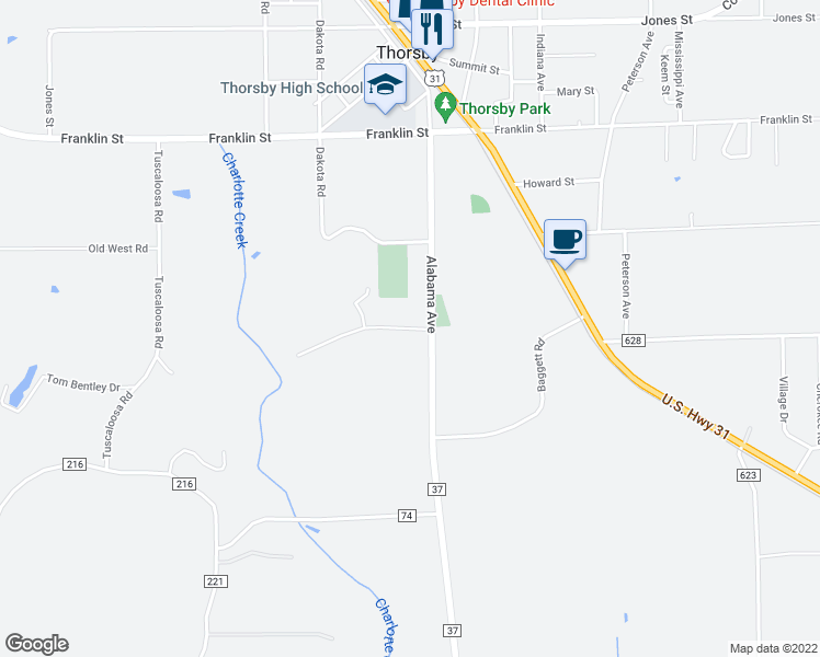 map of restaurants, bars, coffee shops, grocery stores, and more near Peachtree Drive in Thorsby