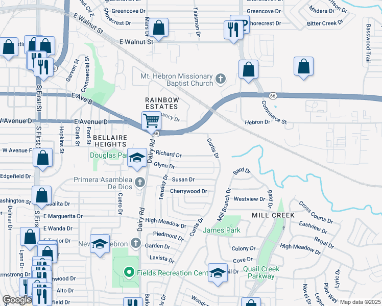 map of restaurants, bars, coffee shops, grocery stores, and more near 1029 Richard Drive in Garland