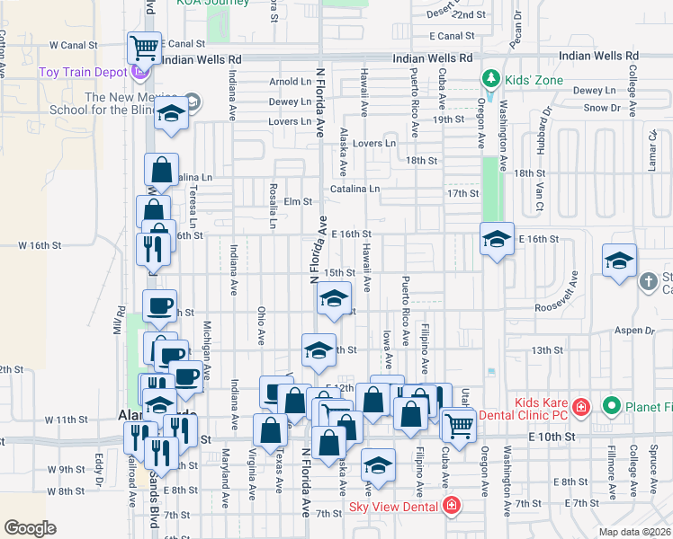 map of restaurants, bars, coffee shops, grocery stores, and more near 1504 Alaska Avenue in Alamogordo