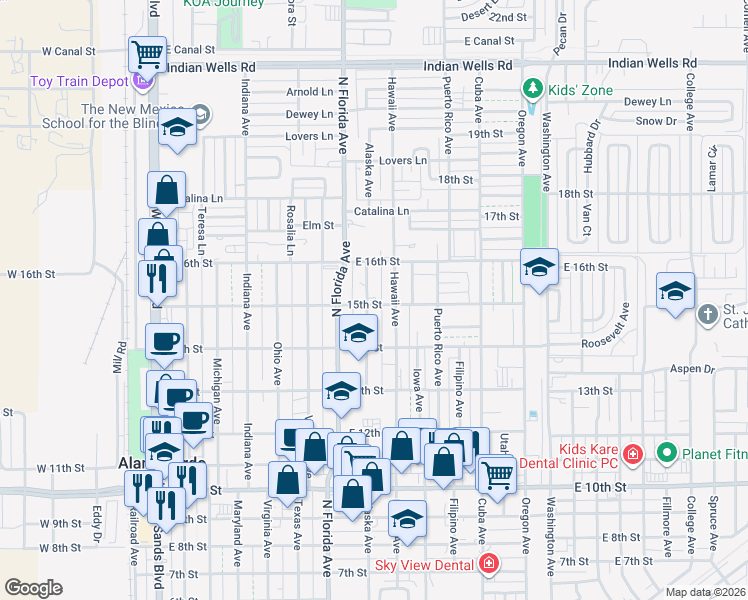 map of restaurants, bars, coffee shops, grocery stores, and more near 1504 Alaska Avenue in Alamogordo