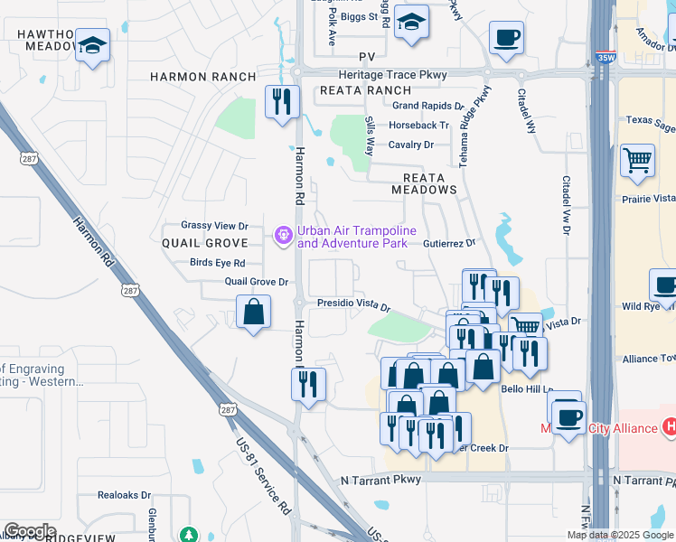 map of restaurants, bars, coffee shops, grocery stores, and more near 9045 Camber Lane in Fort Worth