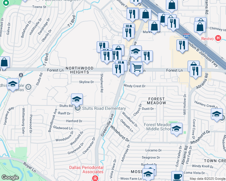 map of restaurants, bars, coffee shops, grocery stores, and more near 9619 Greenville Avenue in Dallas