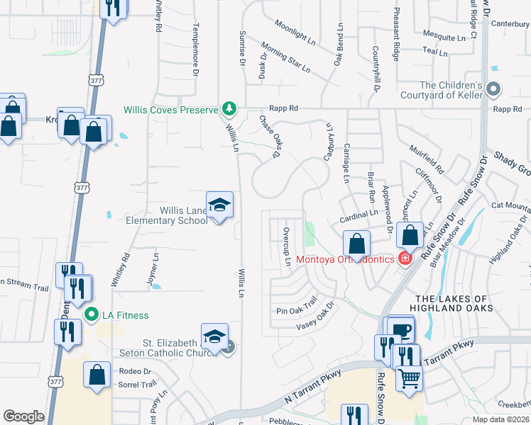 map of restaurants, bars, coffee shops, grocery stores, and more near 1544 Mountain Laurel Drive in Keller