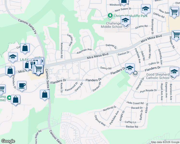 map of restaurants, bars, coffee shops, grocery stores, and more near 7552 Dancy Road in San Diego