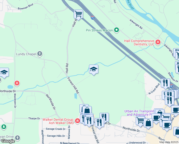map of restaurants, bars, coffee shops, grocery stores, and more near 880 Tolliver Place in Macon