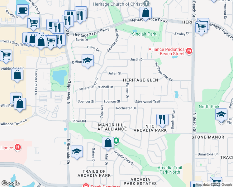 map of restaurants, bars, coffee shops, grocery stores, and more near 9132 Chardin Park Drive in Fort Worth