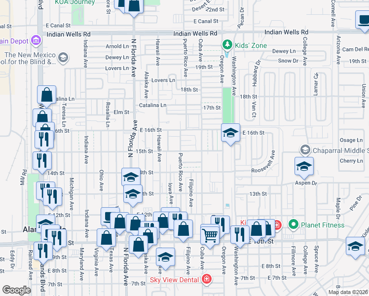 map of restaurants, bars, coffee shops, grocery stores, and more near 1202 Elkins Place in Alamogordo