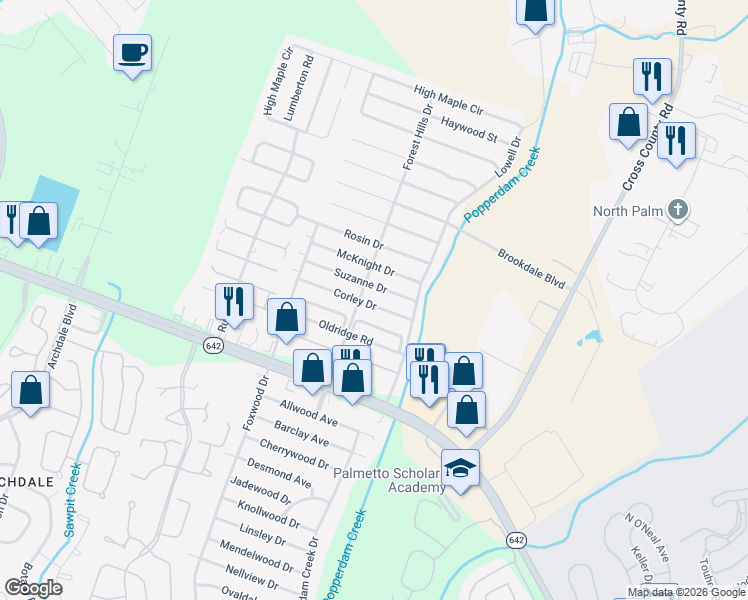 map of restaurants, bars, coffee shops, grocery stores, and more near 7639 Suzanne Drive in North Charleston