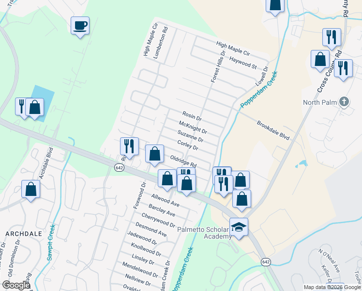 map of restaurants, bars, coffee shops, grocery stores, and more near 7704 Corley Drive in North Charleston