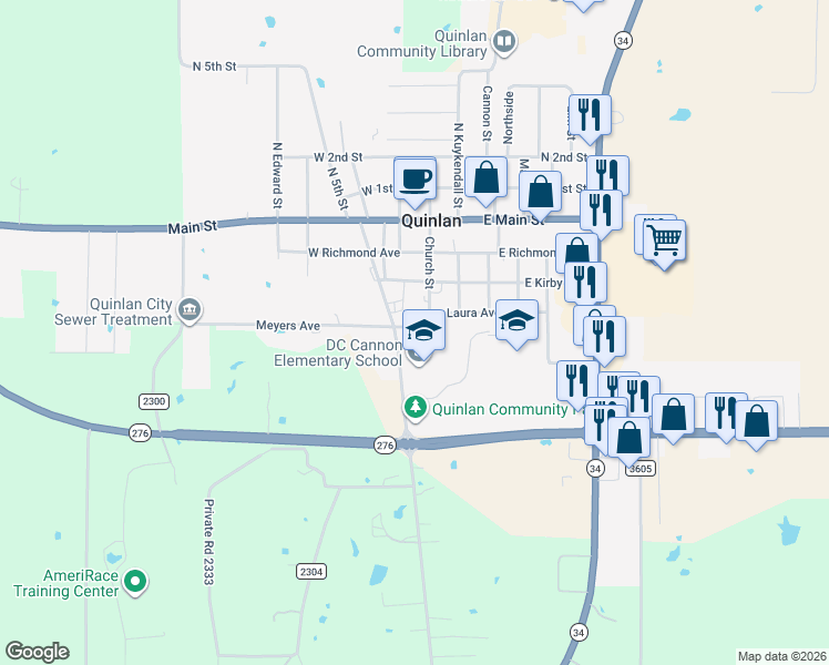 map of restaurants, bars, coffee shops, grocery stores, and more near 308 Church Street in Quinlan