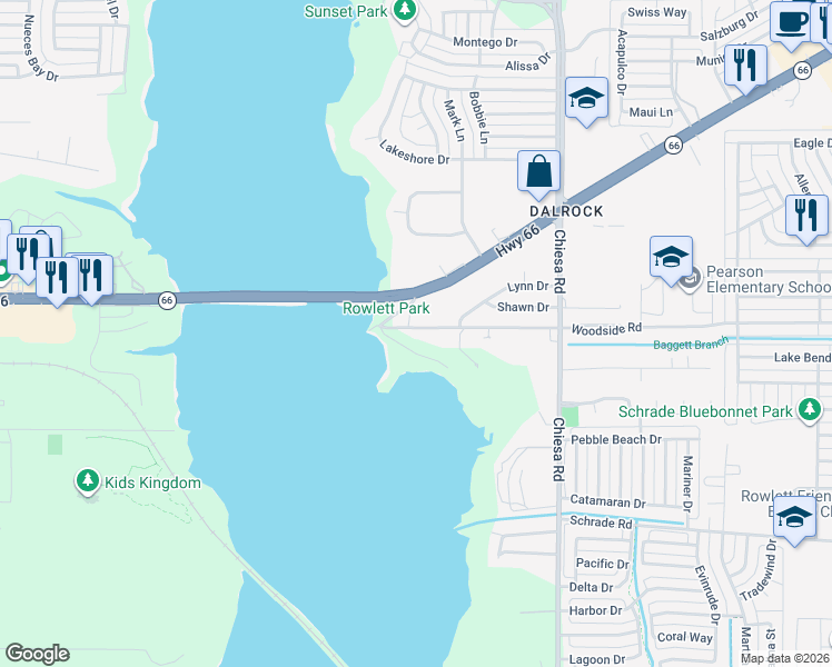 map of restaurants, bars, coffee shops, grocery stores, and more near 6710 Lakeview Parkway in Rowlett