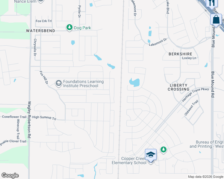 map of restaurants, bars, coffee shops, grocery stores, and more near 409 Foxcraft Drive in Fort Worth